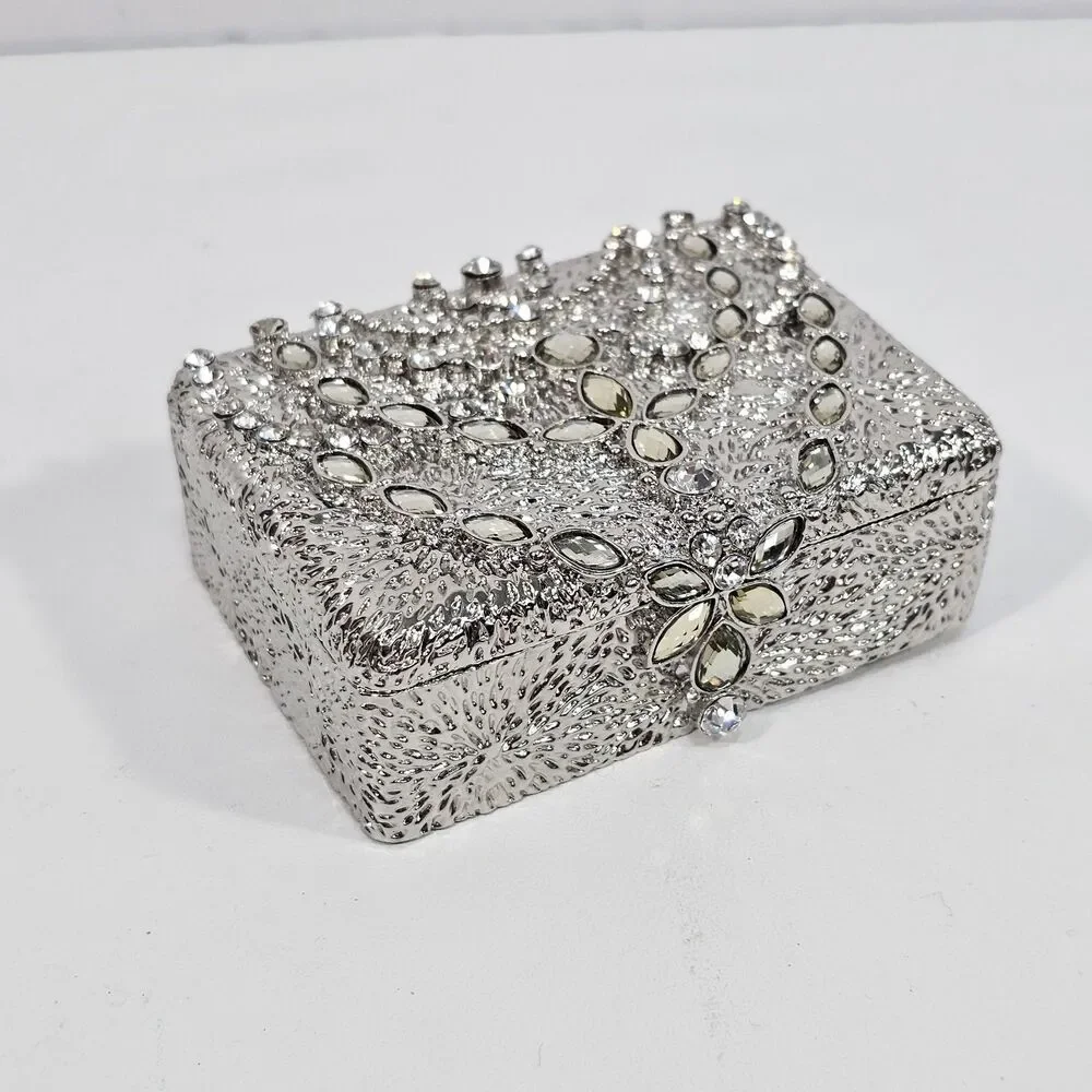 Silver Metal Rhinestone Trinket Box Ring Holder 3.5x2.5×1.5 Wedding Glam Bling